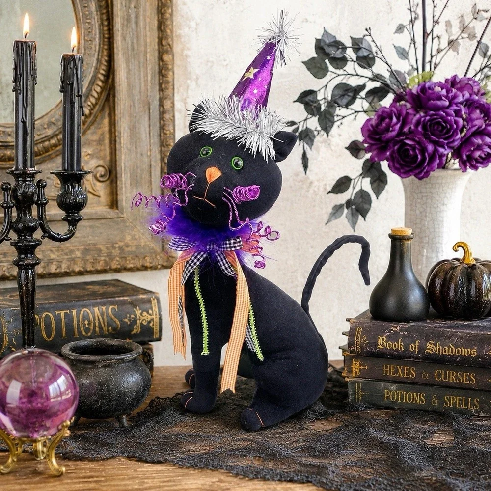 Halloween Black Cat Witch Decor 15in Whimsical Spooky Figurine Witchcore